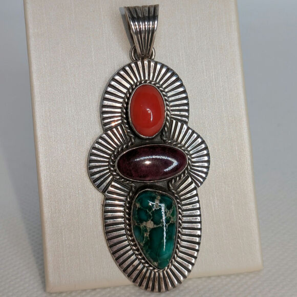 Alvin Lee AL Sterling Silver 3 Stone Multicolored Long Pendant Red Purple Green - Picture 1 of 5